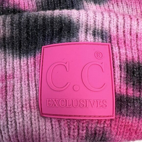 C.C Exclusive Adult Pink Tie Dye Beanie Cuffed Skull Cap Rubber Patch Heavy Knit - Picture 5 of 10